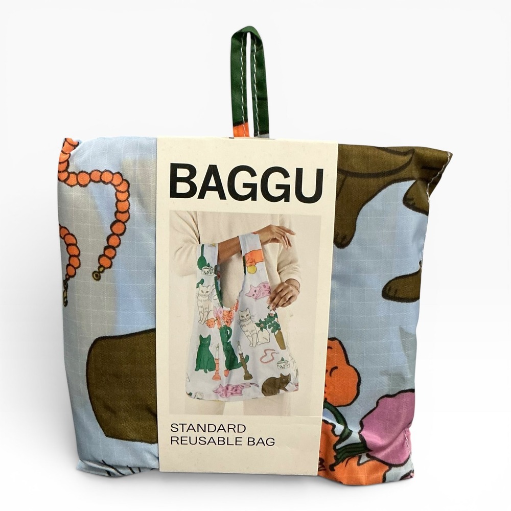 BAGGU Standard Reusable Bag Table Cats Light Blue Recycled Nylon Tote NWT - Picture 3 of 5